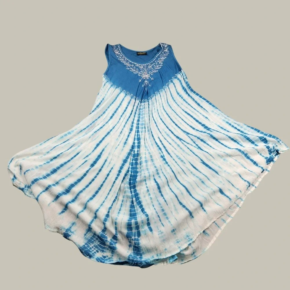 Rima‎ Beachworld Blue Tie Dye Embroidered Sequin Handkerchief Hem Dress OSFM